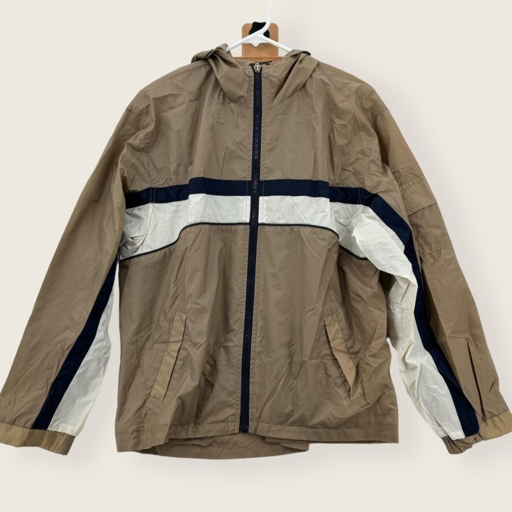 Vintage‎ Andy Johns Jacket Womens Large Windbreaker Brown Striped Nylon Y2K